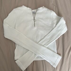 Zara White Ribbed Zip-Up Sweater Top